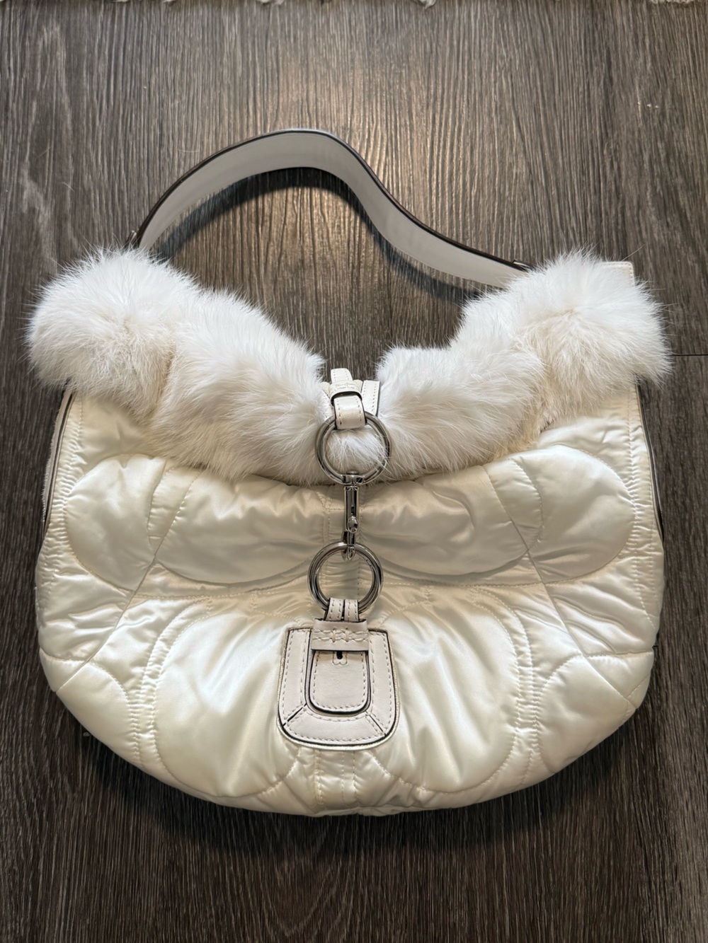 Coach Cream Quilted Shoulder Bag with Fur Trim